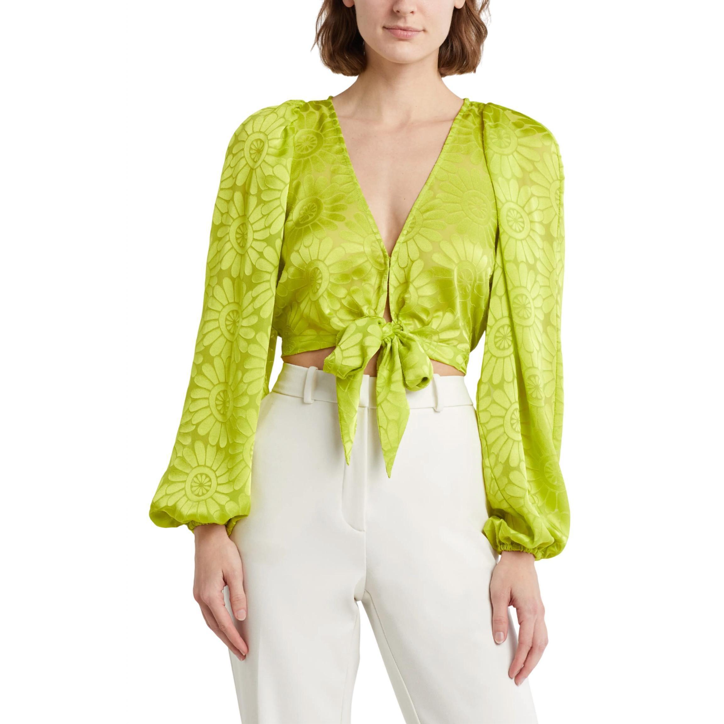 New Ramy Brook Briana Plunge Neck Tie Front Top In Lime Daisy Burnout